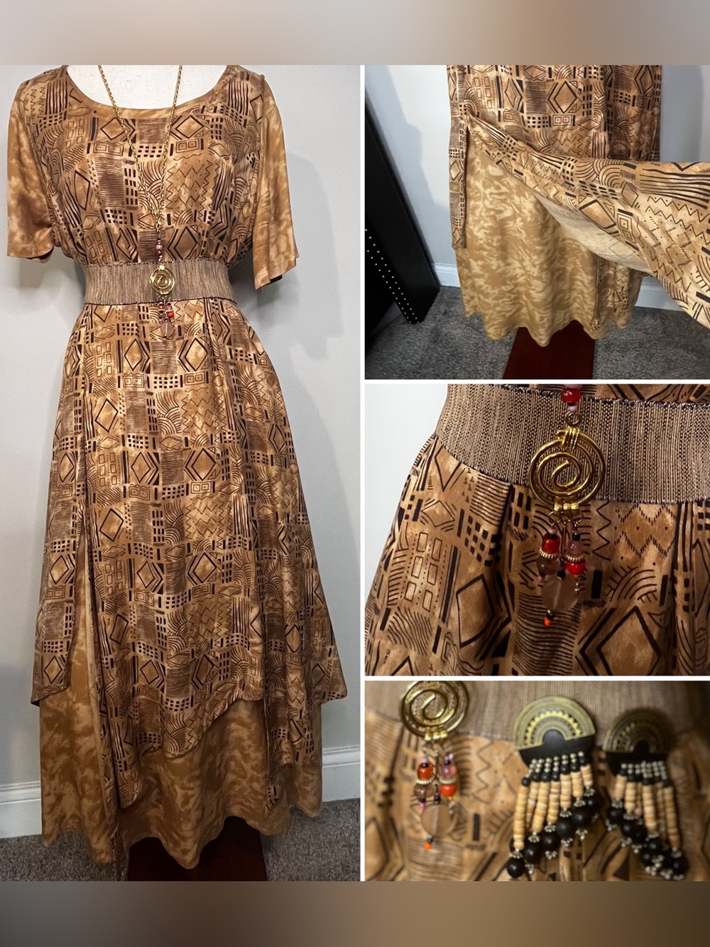 Vintage Boho Geometric Midi Dress in Brown-Large/Xlarge